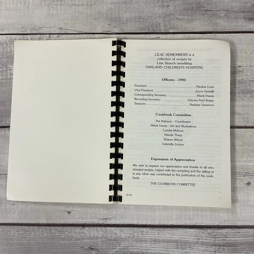 Lilac Remembers Cookbook Oakland Children's Hospital 1993 California Recipes